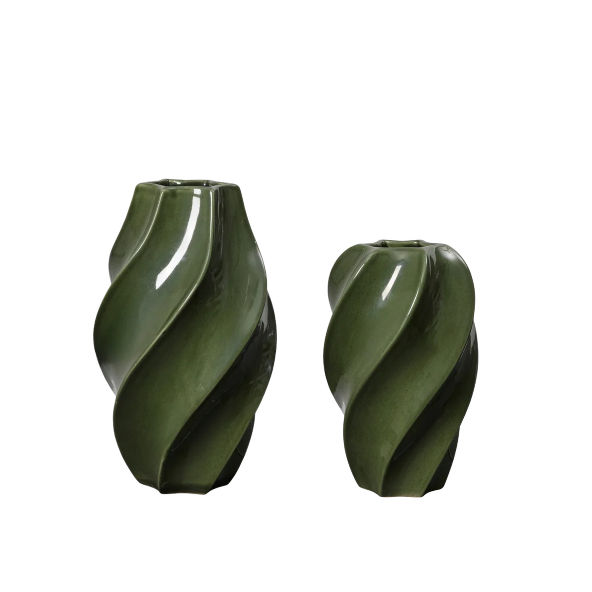 Odette Tall Vase in glossy hunter green featuring curved sculptural ridges and a twisted silhouette