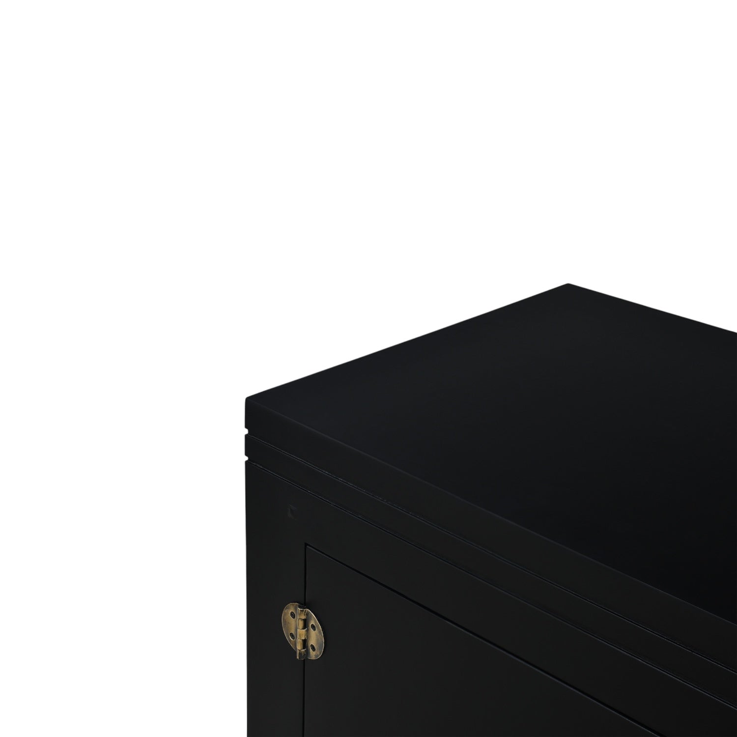 Close-up of the Oriental Cabinet showing the black mango wood finish and detailed antique brass hardware.