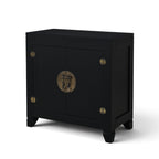 Oriental cabinet in crisp black mango wood with antique brass-style hardware, angled front view