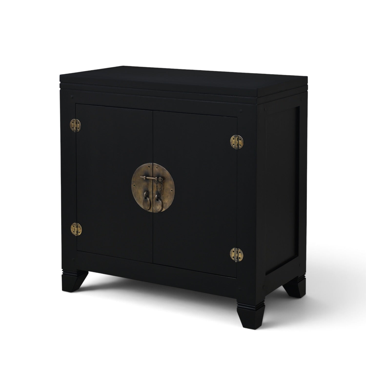 Oriental cabinet in crisp black mango wood with antique brass-style hardware, angled front view