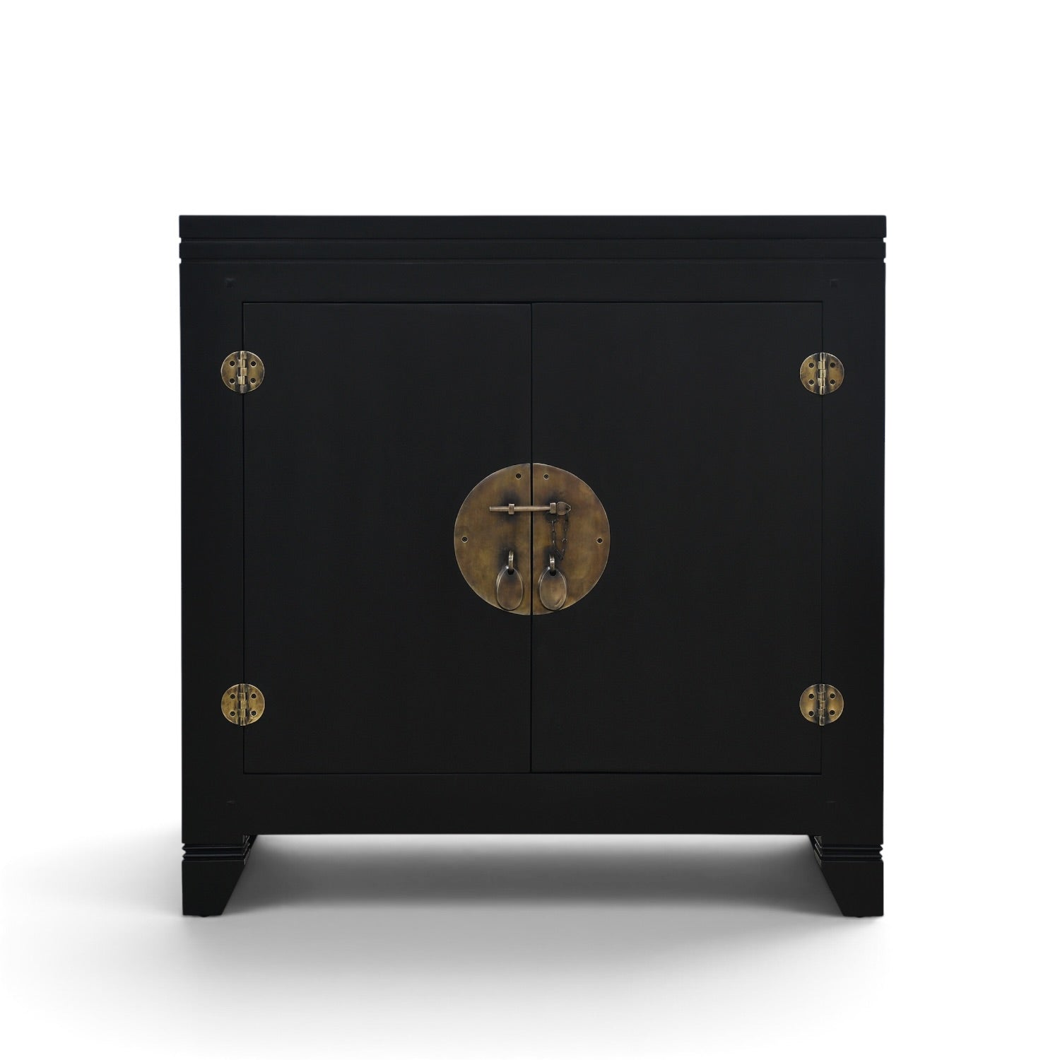 Crisp black mango wood Oriental Cabinet with two doors and traditional brass-style