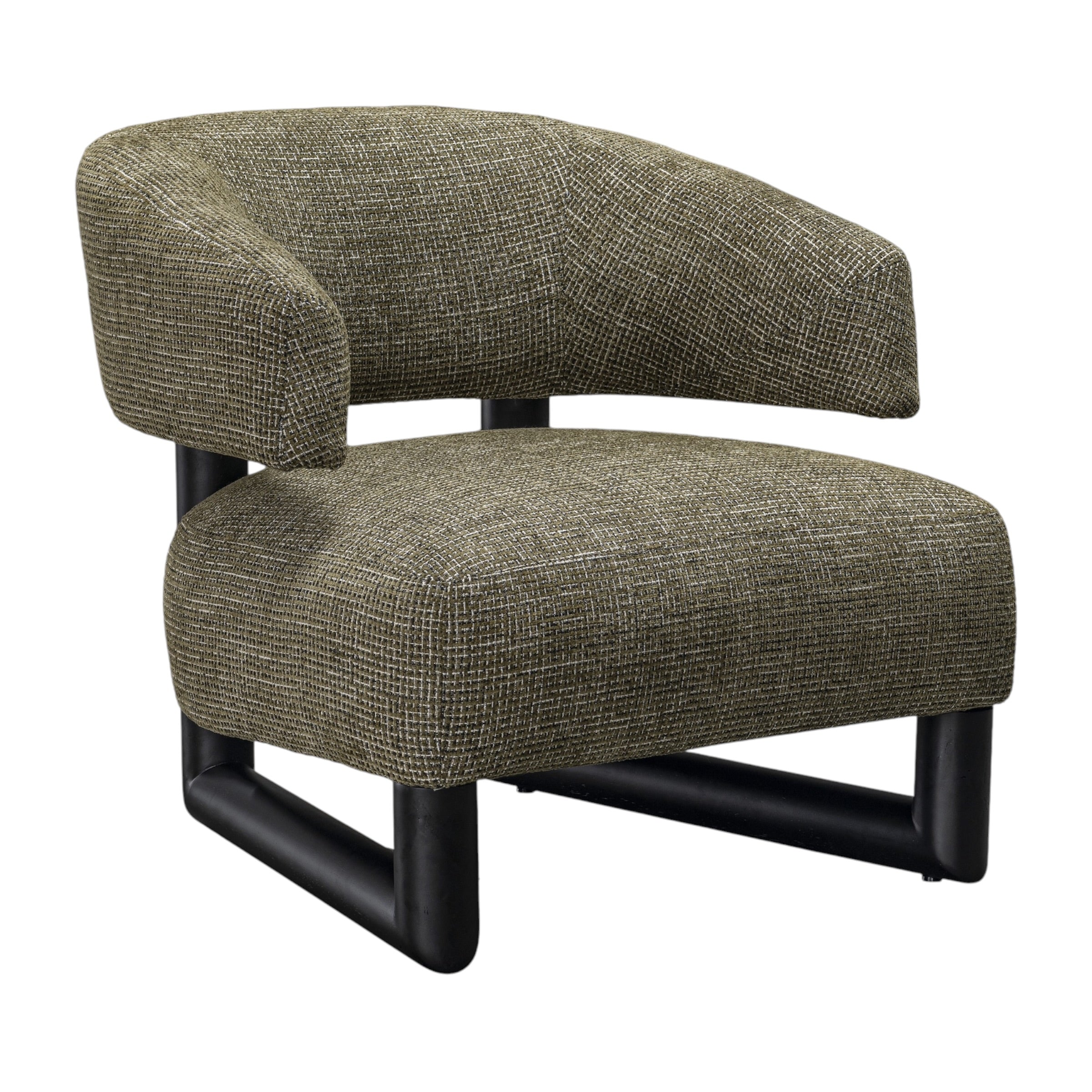 Side profile of the Pepper armchair with soft upholstered seat and supportive backrest.