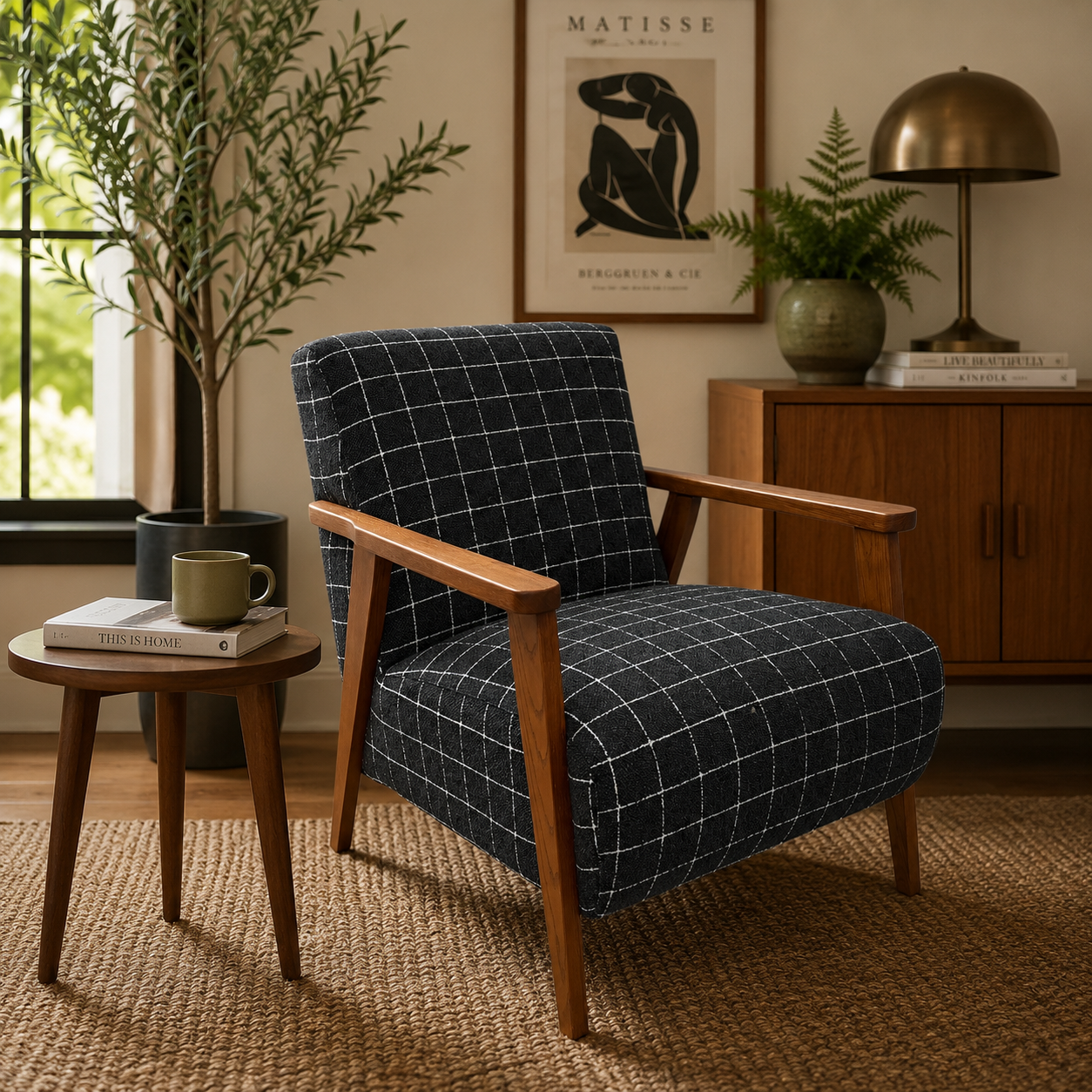 Pia Armchair styled in a contemporary living space, demonstrating its relaxed design and generous seating.