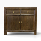 Quinn Sideboard in Canadian Brown Elm with two drawers, two doors and brass-style hardware