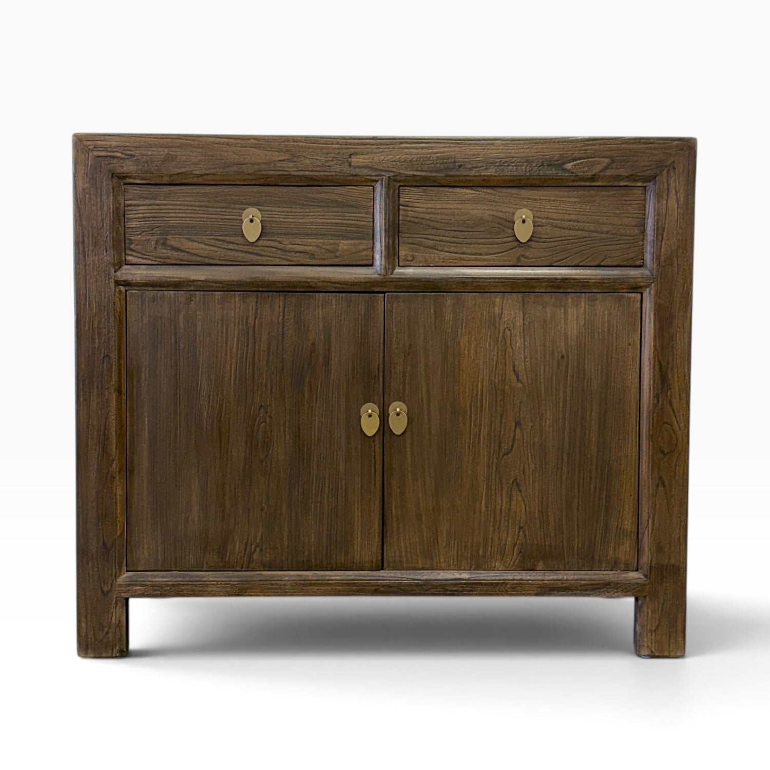 Quinn Sideboard in Canadian Brown Elm with two drawers, two doors and brass-style hardware