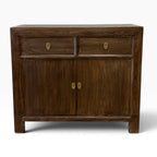 Front view of the Quinn Elm Sideboard in Canadian Brown showing two drawers and double cupboard storage