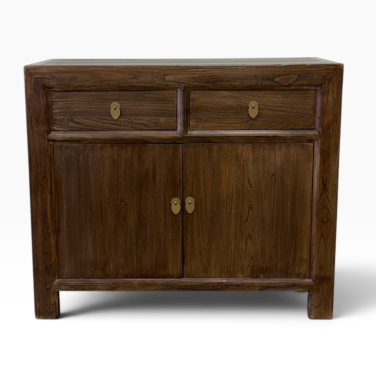 Front view of the Quinn Elm Sideboard in Canadian Brown showing two drawers and double cupboard storage