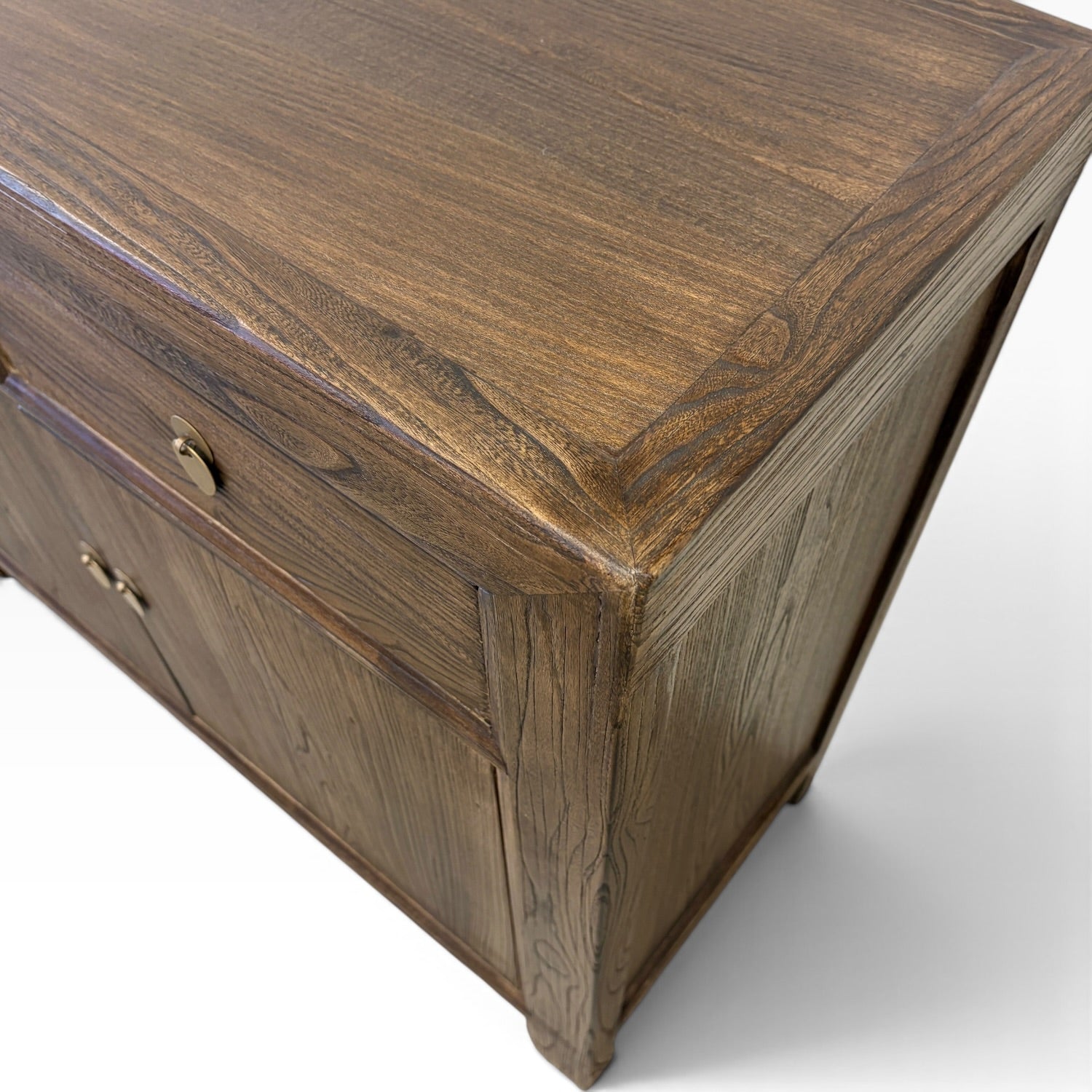 Close-up of the Quinn Sideboard top showing the rich Canadian Brown finish and distinctive elm grain