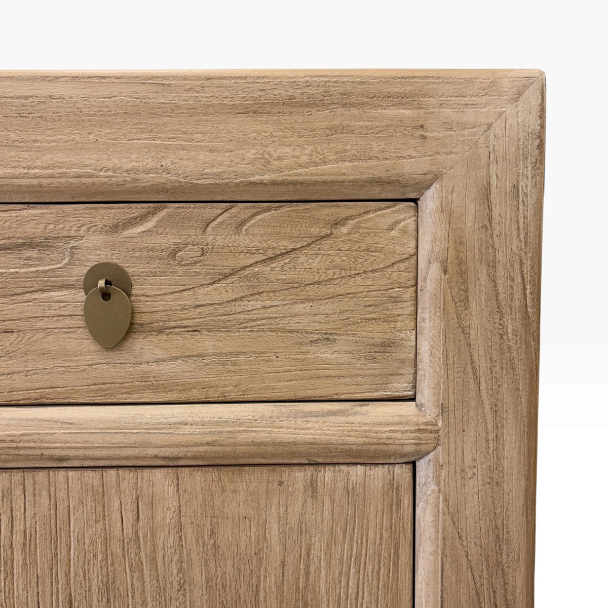 Close-up of Quinn Sideboard natural elm grain and metal drawer handle