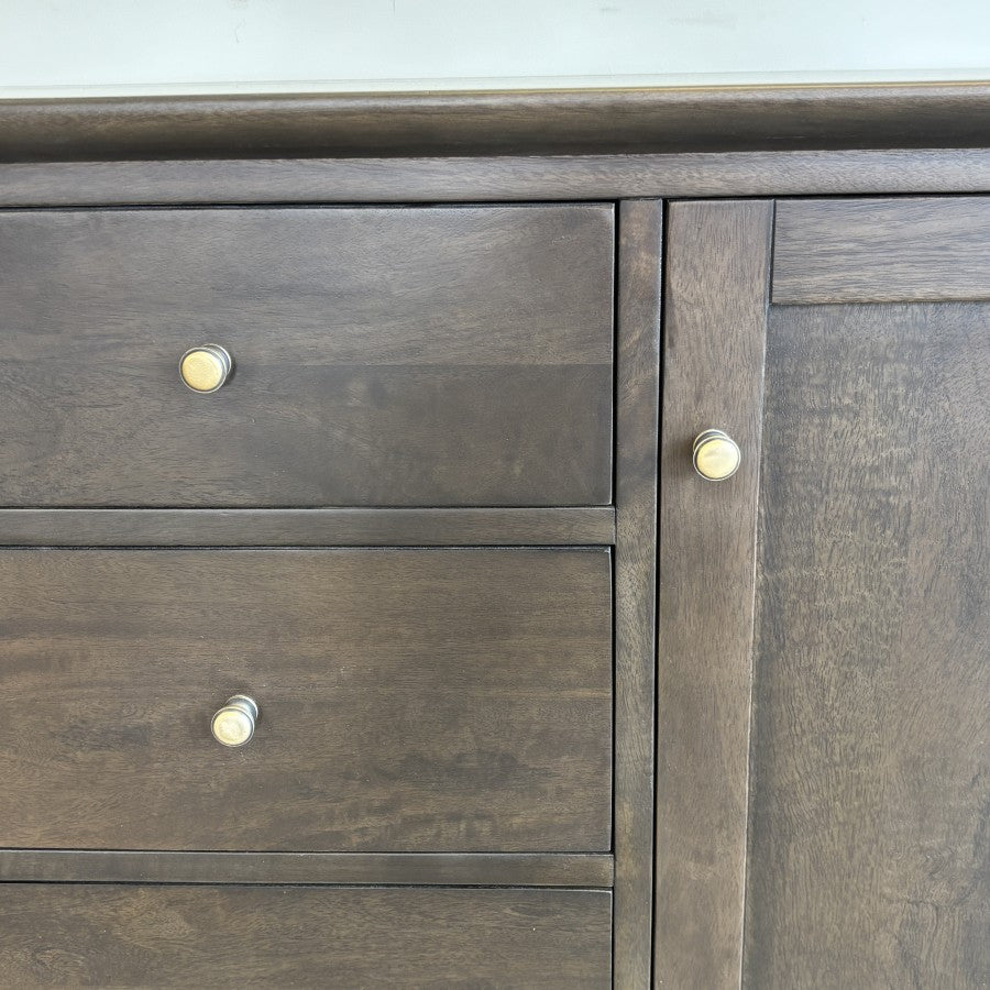 Close-up of the three drawers and brass-toned handles on the Rocco Sideboard