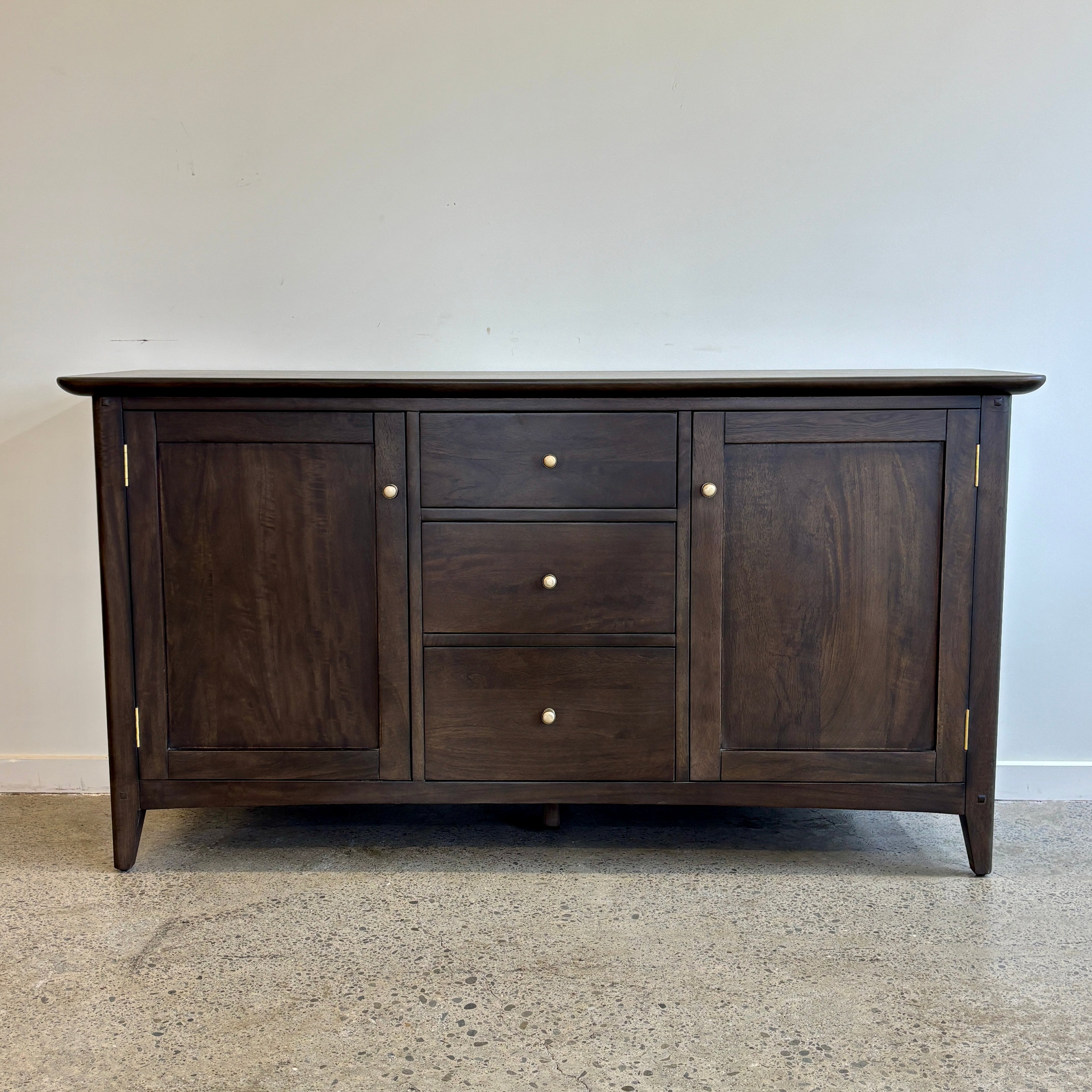 Rocco 3 Drawer Sideboard in warm iron brown mango wood with two doors and three central drawers