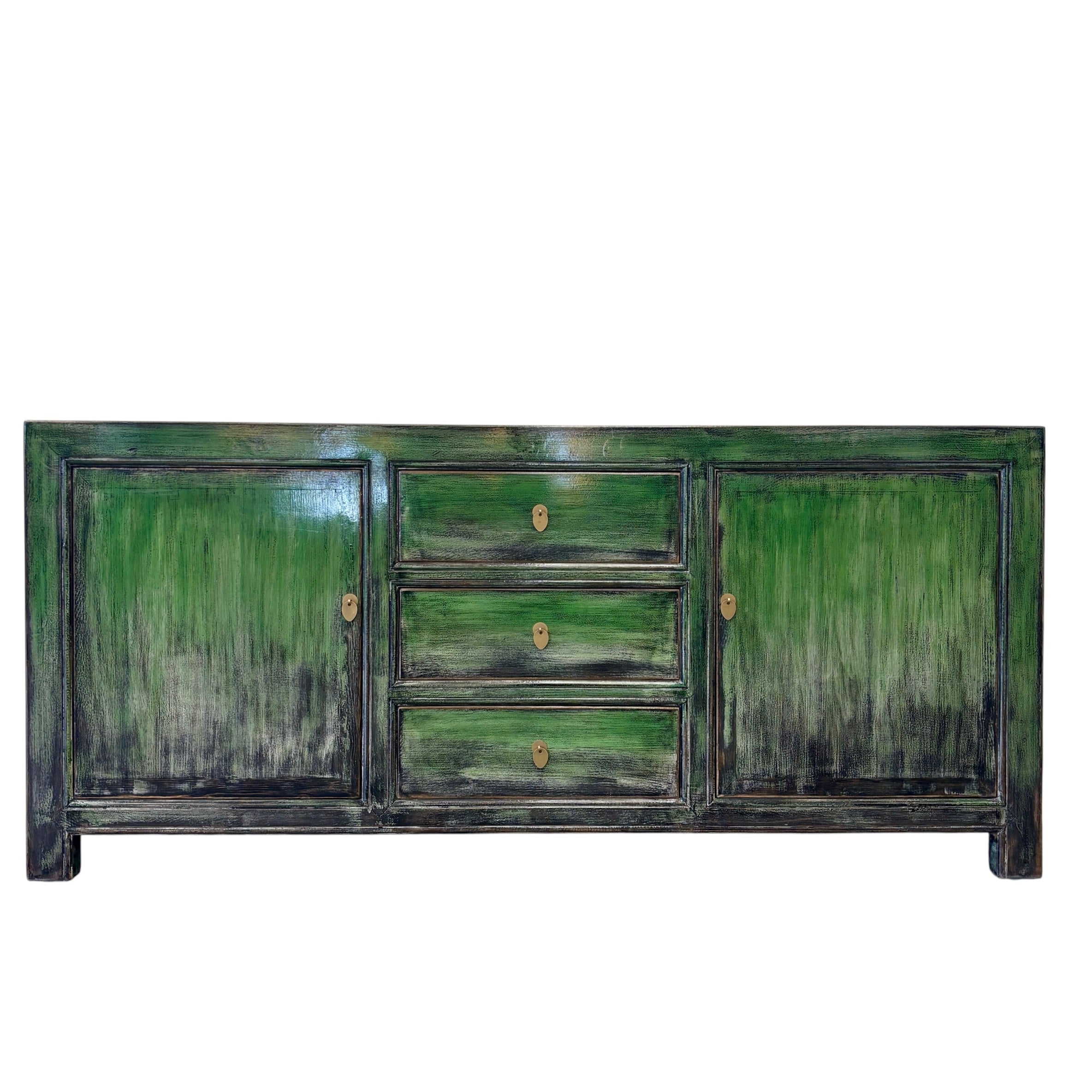 Front view of Rosa Sideboard in distressed emerald with central drawers and two cupboard doors