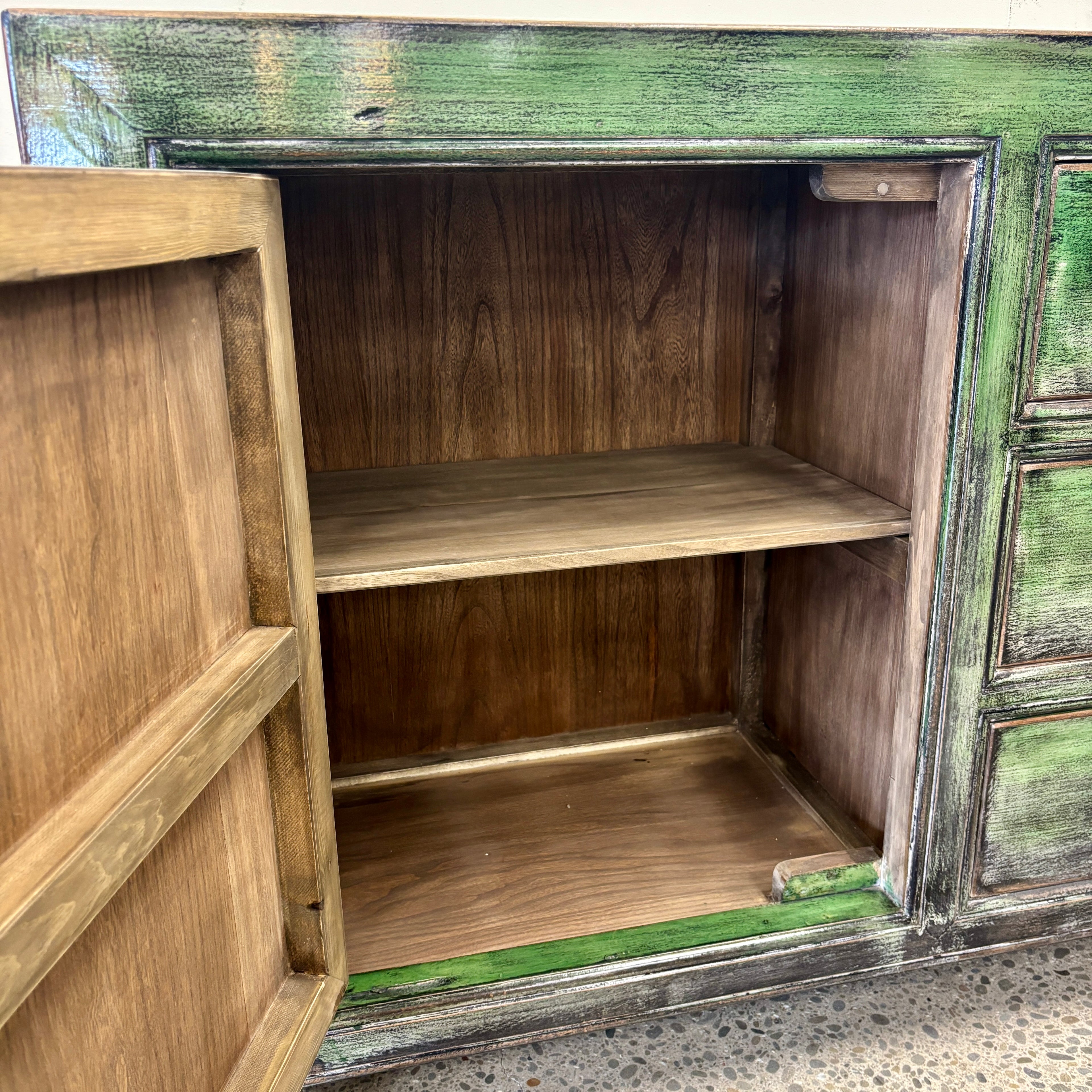 Rosa Sideboard with cupboard open showing timber interior and shelf storage