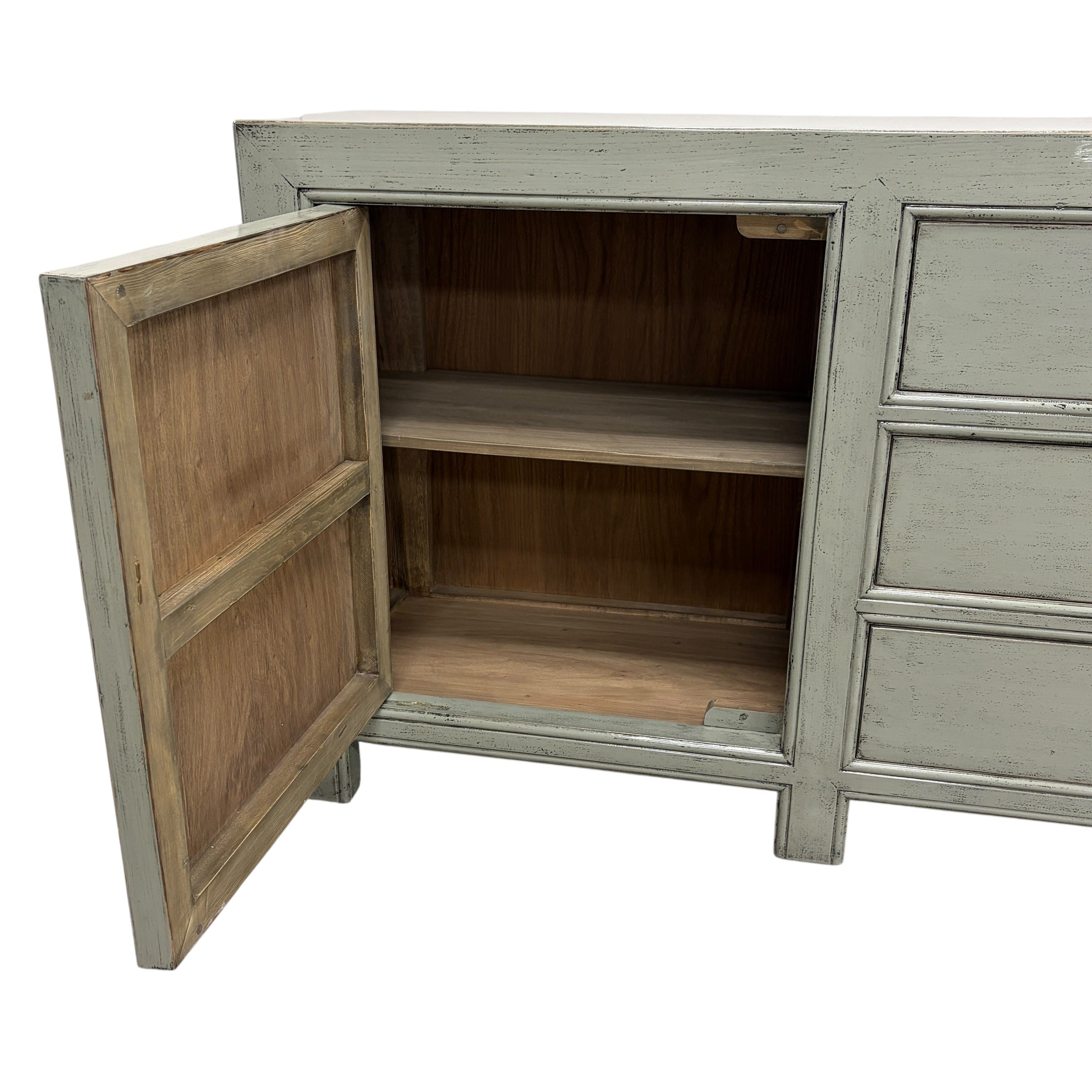 Rosa Sideboard Sage Grey with cupboard open showing generous internal shelf storage