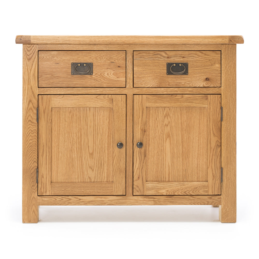 Salisbury Buffet 2 Door front view with two drawers, panelled cupboard doors and natural oak finish