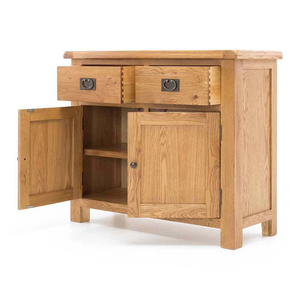 Salisbury Buffet 2 Door open showing two drawers and internal cupboard shelf storage