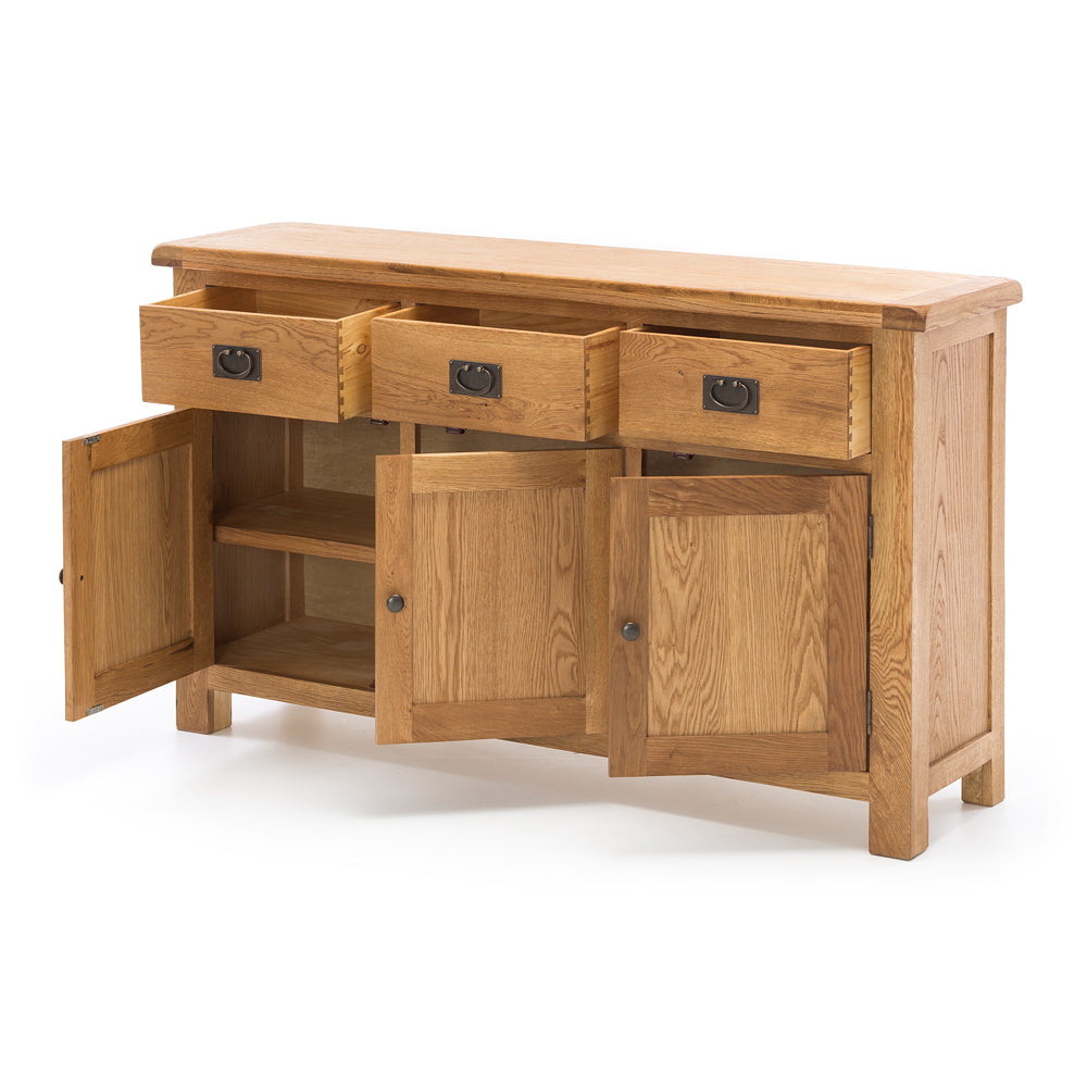 Salisbury Buffet 3 Door open showing three drawers and generous internal shelf storage