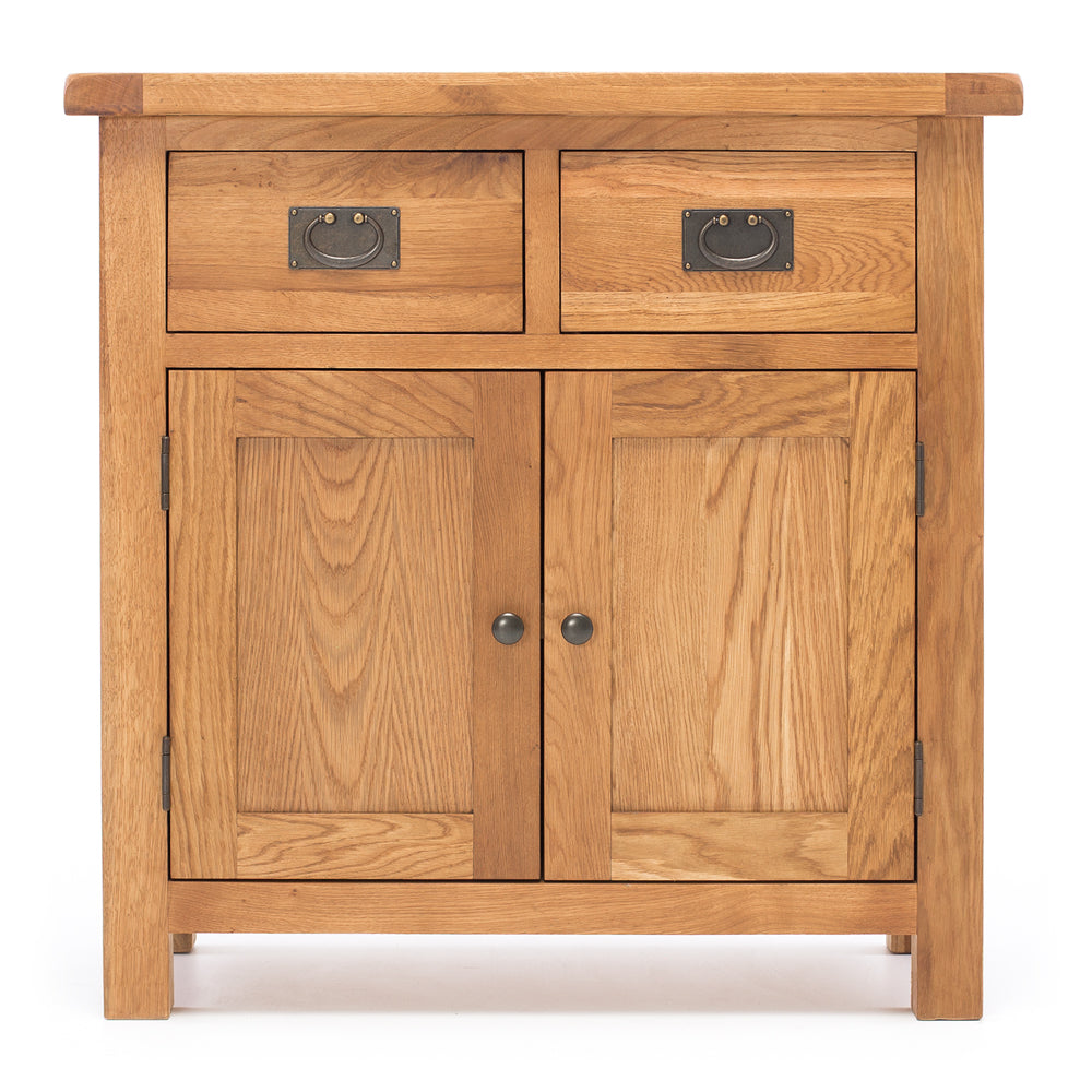 Salisbury Sideboard Small front view with two drawers, two cupboard doors and natural oak finish
