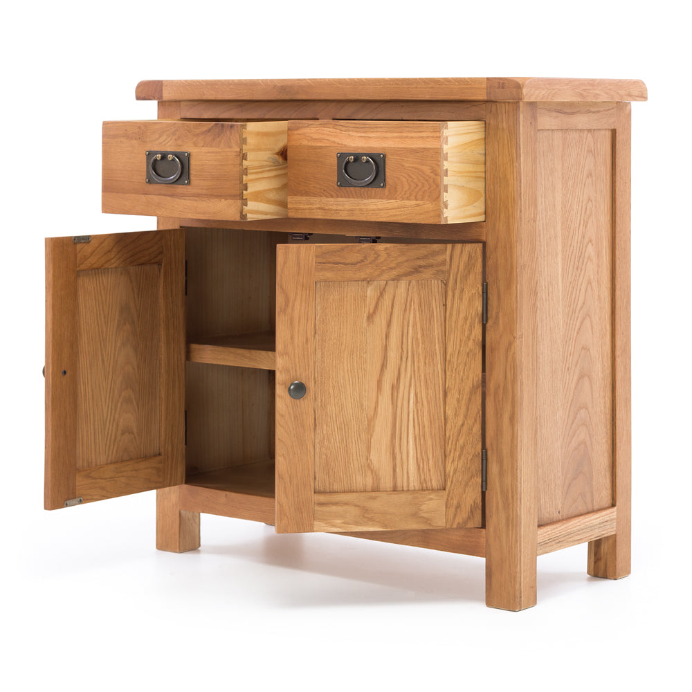 Salisbury Sideboard Small with drawers and doors open showing internal shelf storage