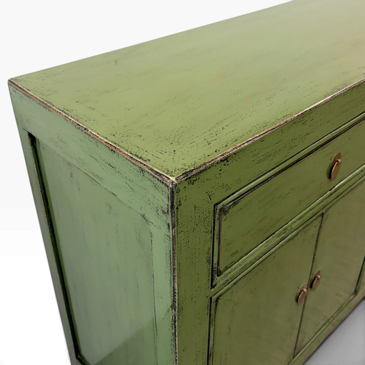 Sara Sideboard in Olive showing distressed top and corner detail