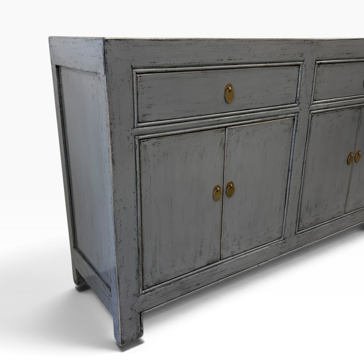 Angled side view of Sara Sideboard in Slate Grey showing distressed finish