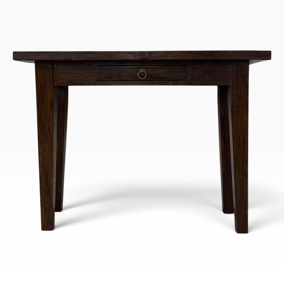 Front view of solid teak console desk with dark rustic finish and central storage drawer