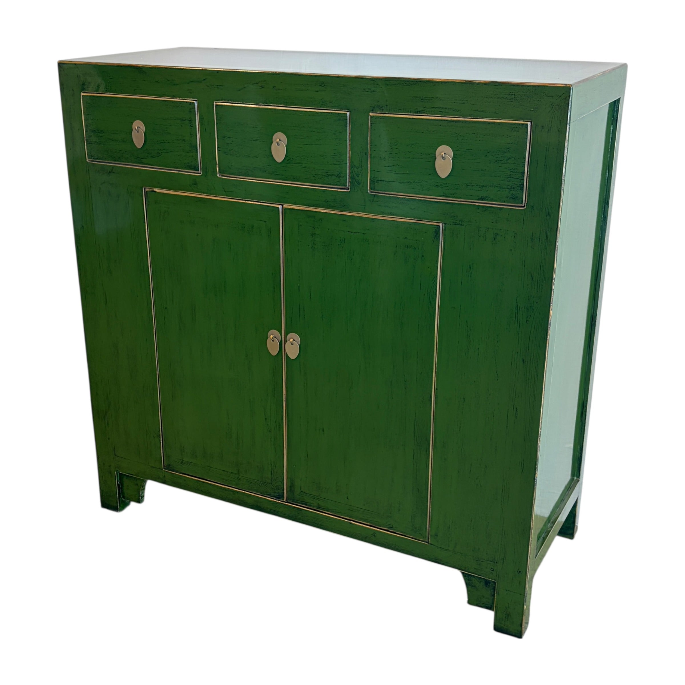 Angled view of Sunny Sideboard Emerald Green with three drawers and double cupboard doors