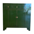 Sunny Sideboard Emerald Green front view with three drawers, two cupboard doors and brass toned handles