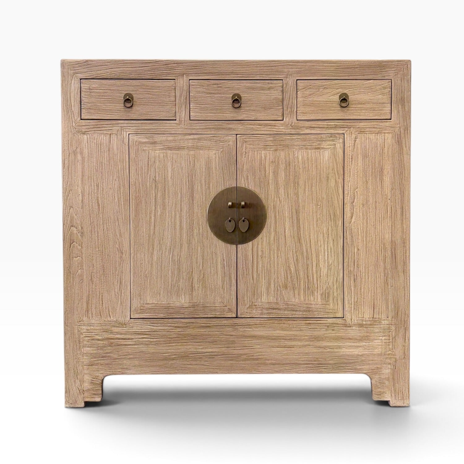 Front view of the Sunny Sideboard in Natural Elm with three drawers, two doors and antique brass-style hardware