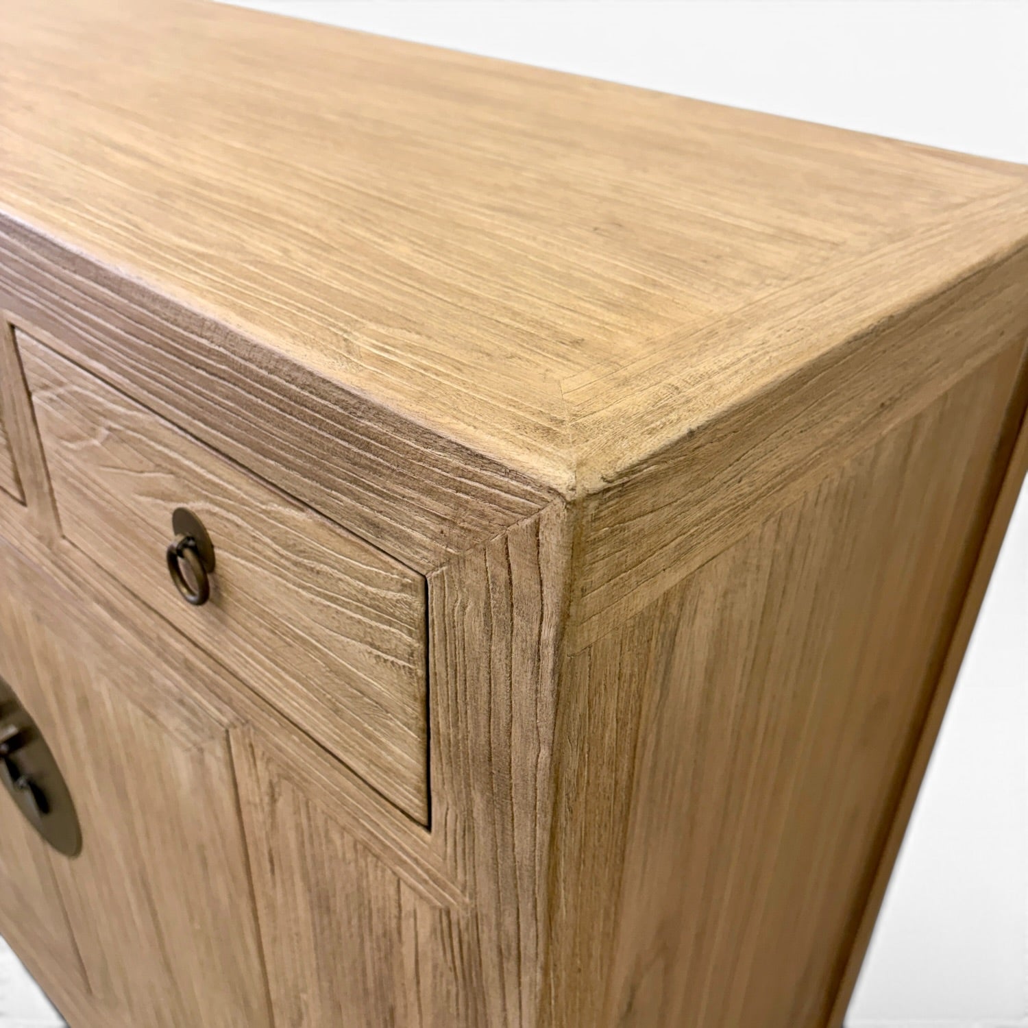 Close-up of the Sunny Sideboard showing the Natural Elm finish, timber grain and framed construction