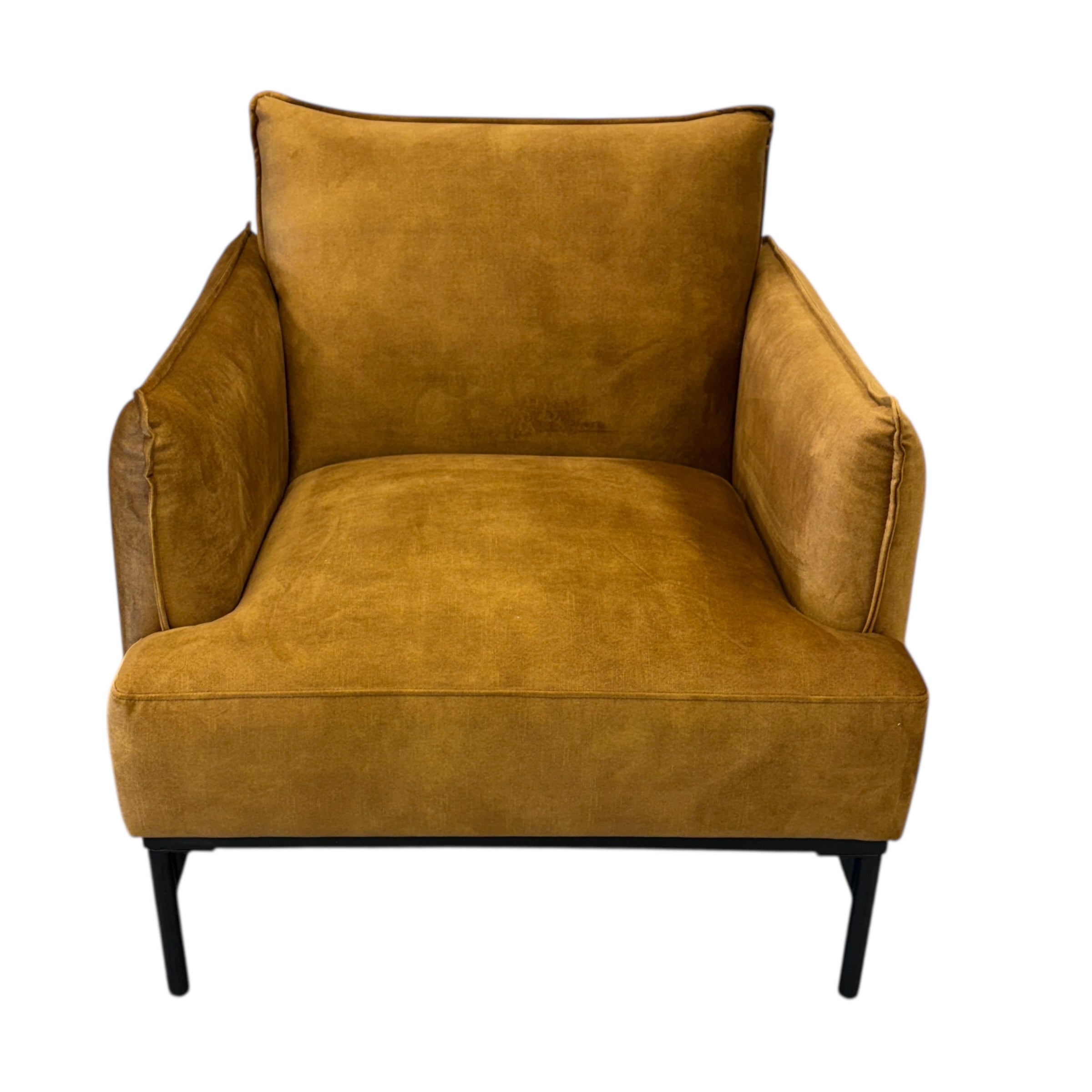Angled view of the Sydney armchair in Gold, showcasing its curved silhouette and upholstered seat.