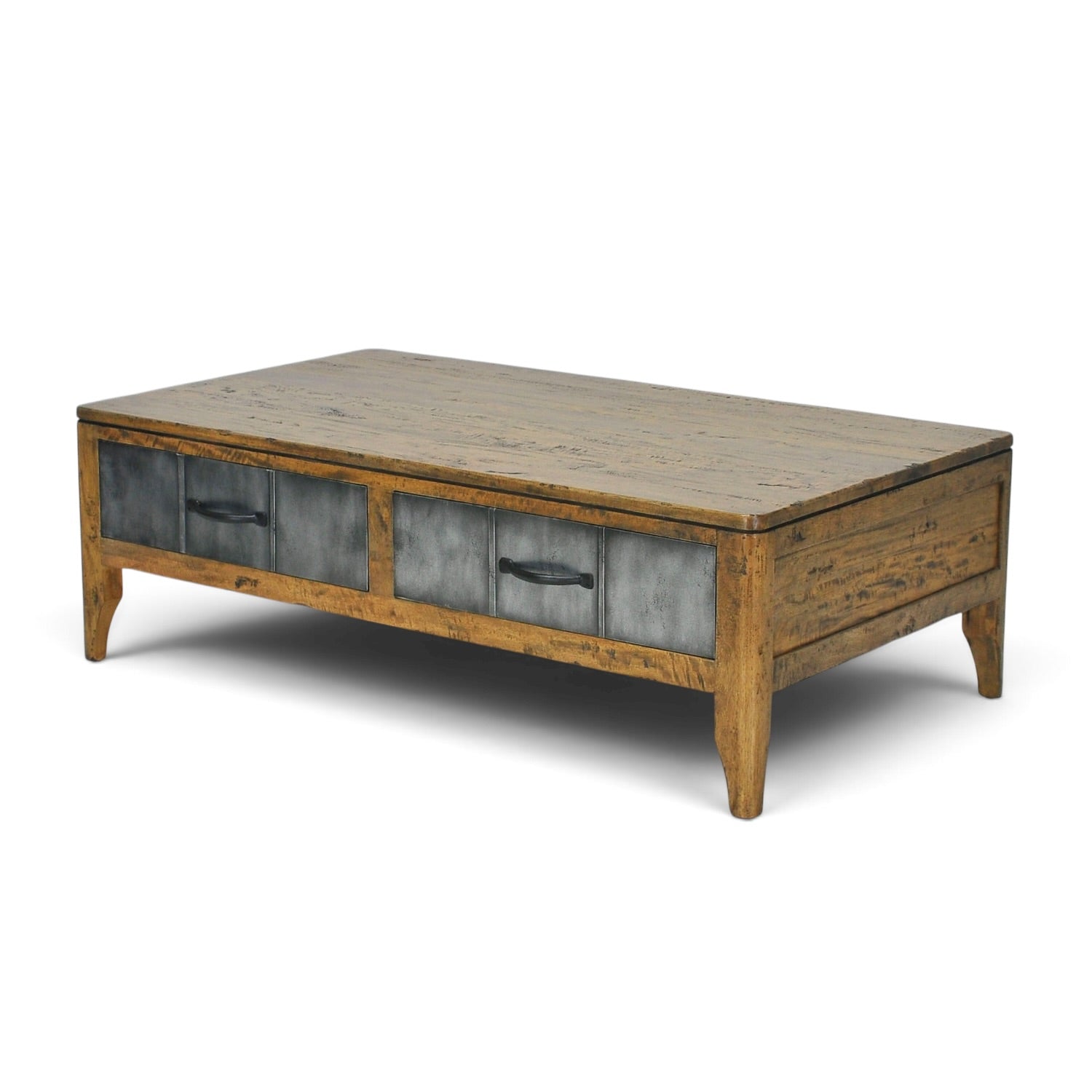 Angled view of the Tin Man Coffee Table with solid mango wood frame, Smokehouse finish and brushed metal drawer fronts.