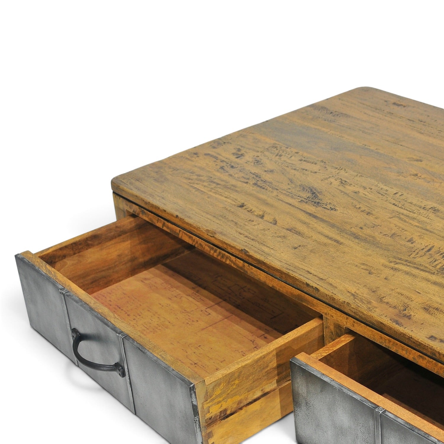 Tin Man Coffee Table with drawers open, showing practical storage and brushed metal drawer fronts.