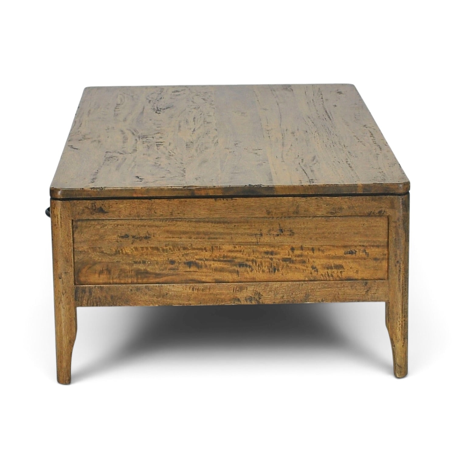 End view of the Tin Man Coffee Table in solid mango wood with a Smokehouse finish.