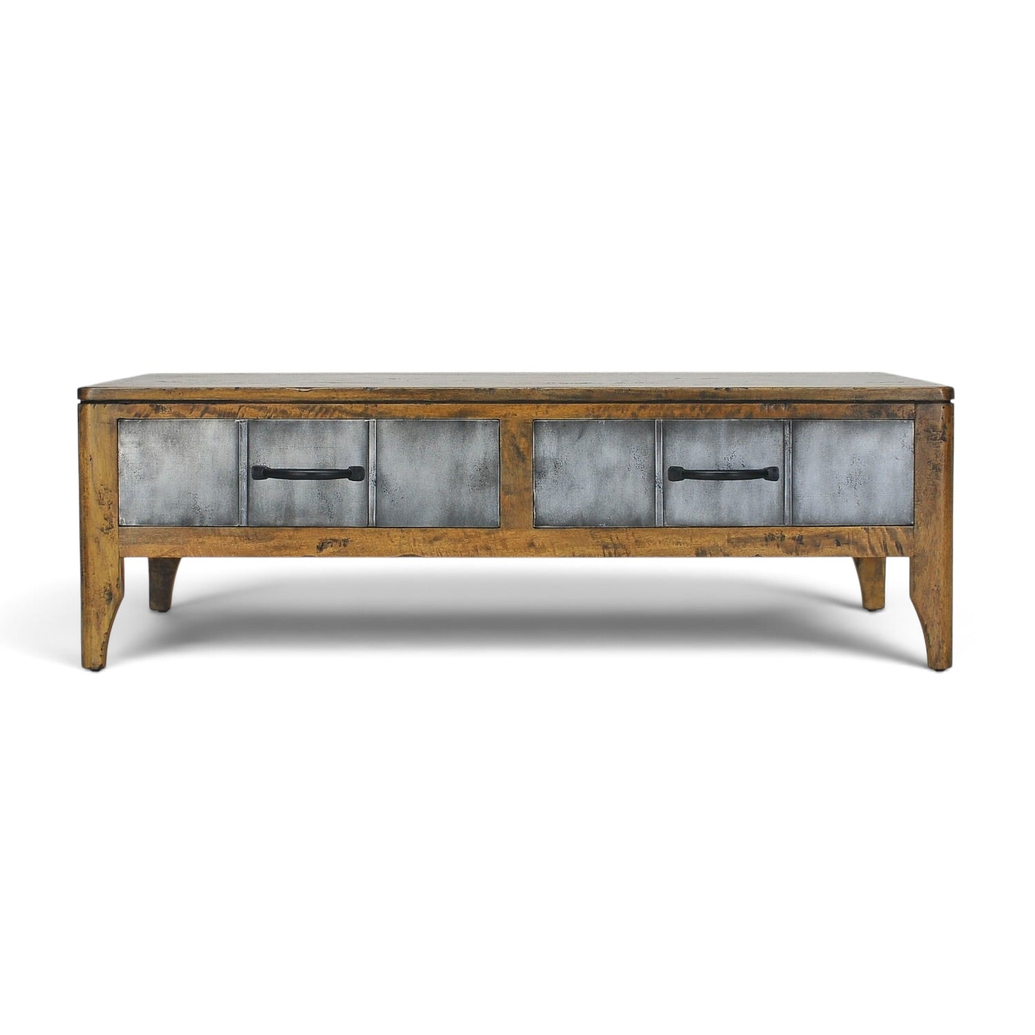 Front view of the Tin Man Coffee Table showing two drawers with brushed metal fronts and solid mango wood frame.