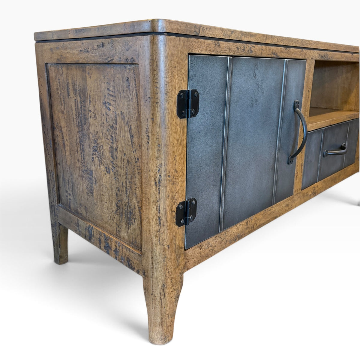Angled view of Tinman TV Stand in mango wood and brushed steel