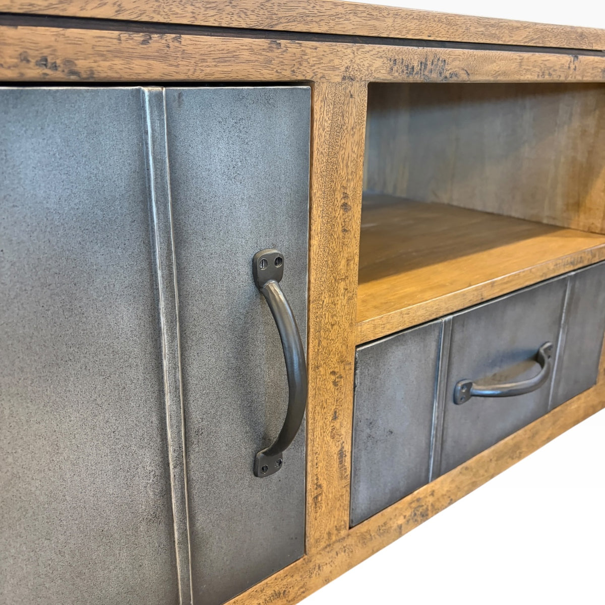 Tinman TV Stand brushed steel doors, drawer and metal handles