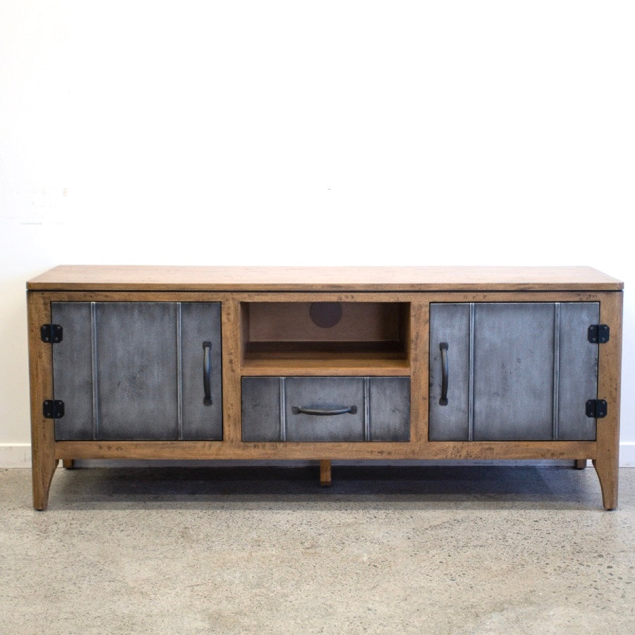 Front view of Tinman TV Stand with brushed steel doors and drawer