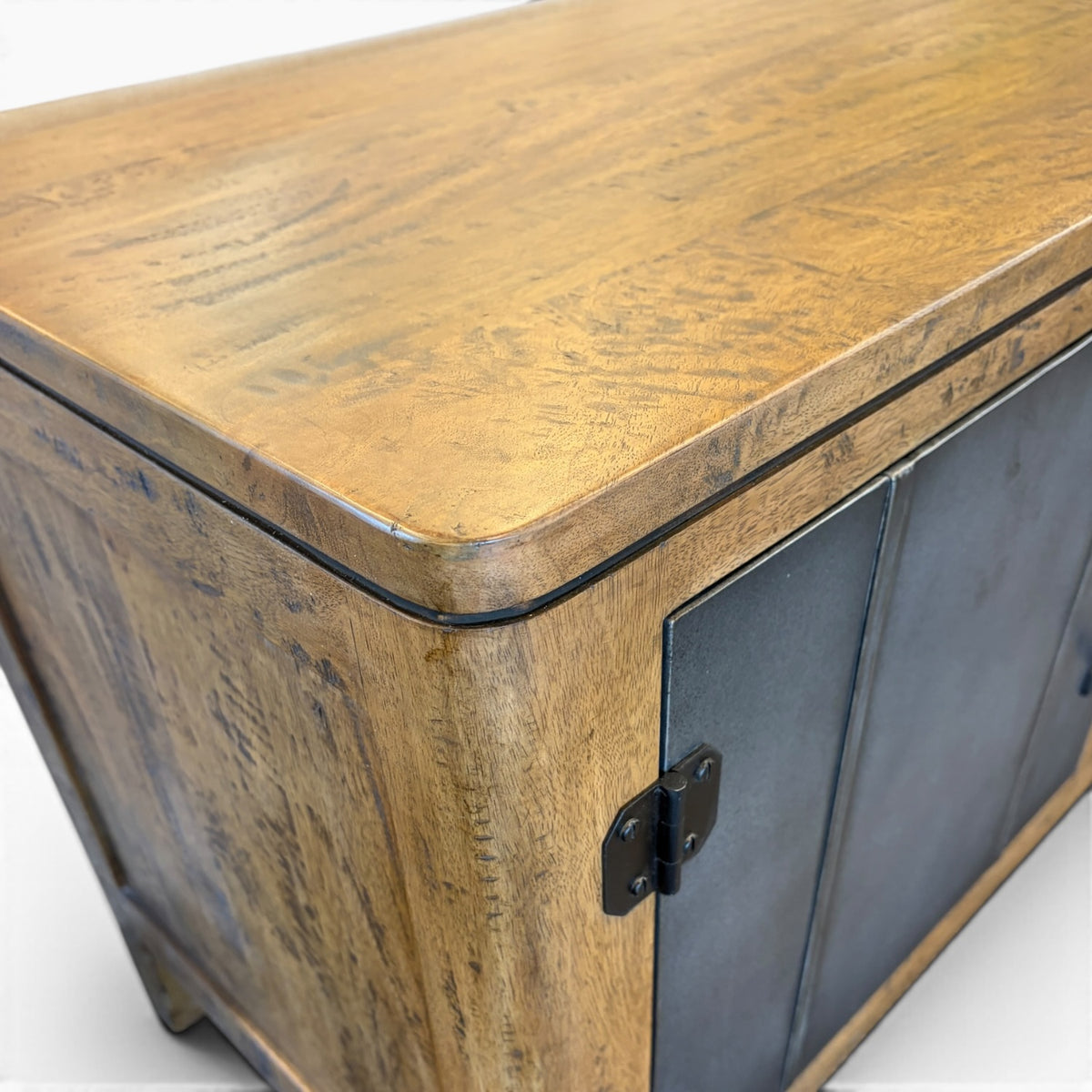 Close-up of mango wood top on Tinman TV Stand