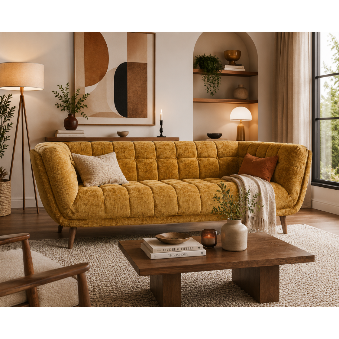 Towelie sofa in Yellow styled in a contemporary living room with complementary décor.