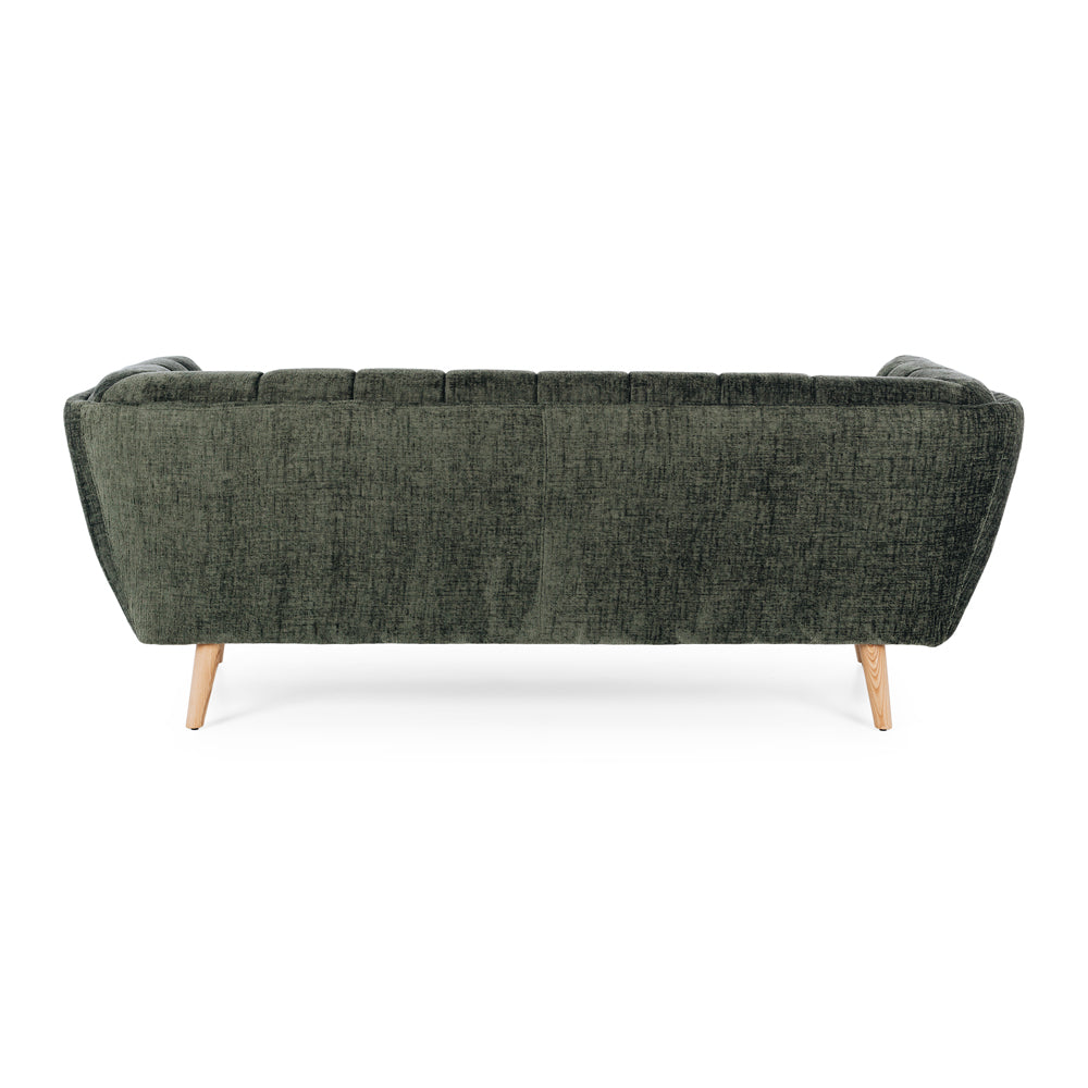 Rear view of the Towelie Sofa in Fern Green, showcasing its fully upholstered back and contemporary curved design.