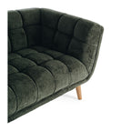 Close-up of the Towelie Sofa's channel-tufted upholstery, highlighting the textured Fern Green fabric and tailored detailing.