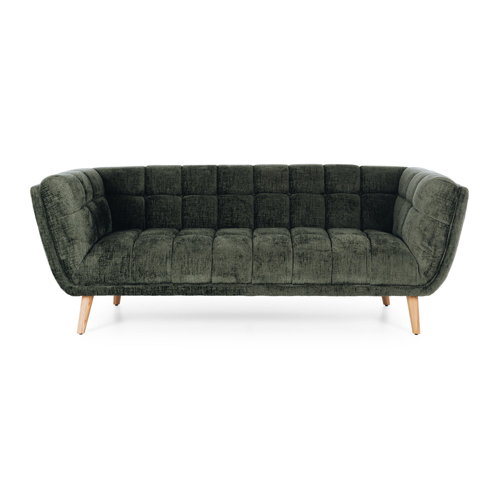 Towelie Sofa in Fern Green featuring deep channel tufting, a contemporary silhouette and textured fabric upholstery.