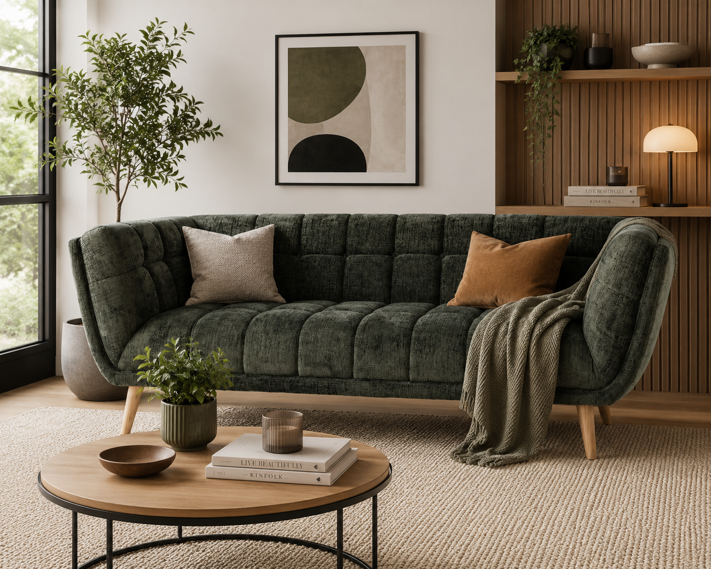 Towelie Sofa in Fern Green styled in a contemporary living room with complementary furniture and décor.