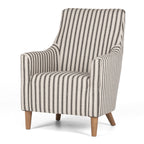 Angled view of Tyler Tub Chair in black and linen stripe with timber legs