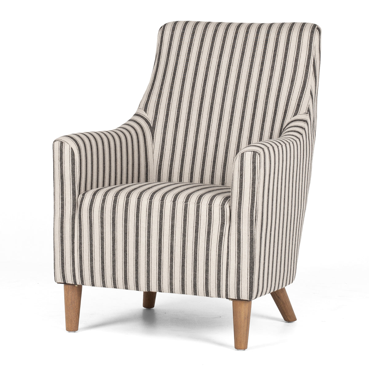 Angled view of Tyler Tub Chair in black and linen stripe with timber legs