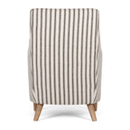 Rear view of Tyler Tub Chair with black and linen striped upholstery and timber legs