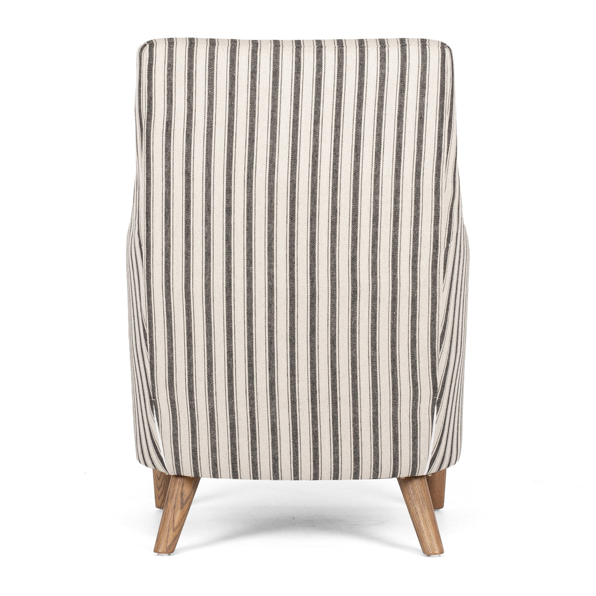 Rear view of Tyler Tub Chair with black and linen striped upholstery and timber legs