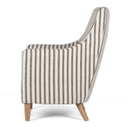 Side view of Tyler Tub Chair showing high back, curved arms and striped upholstery
