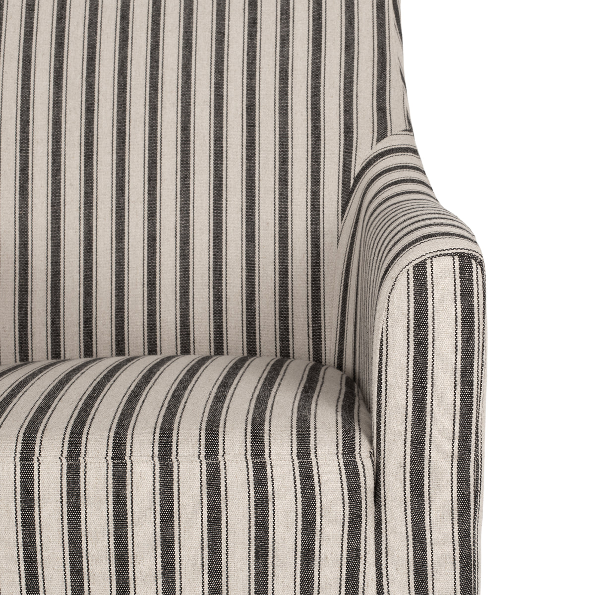 Close-up of black and linen striped fabric on the Tyler Tub Chair